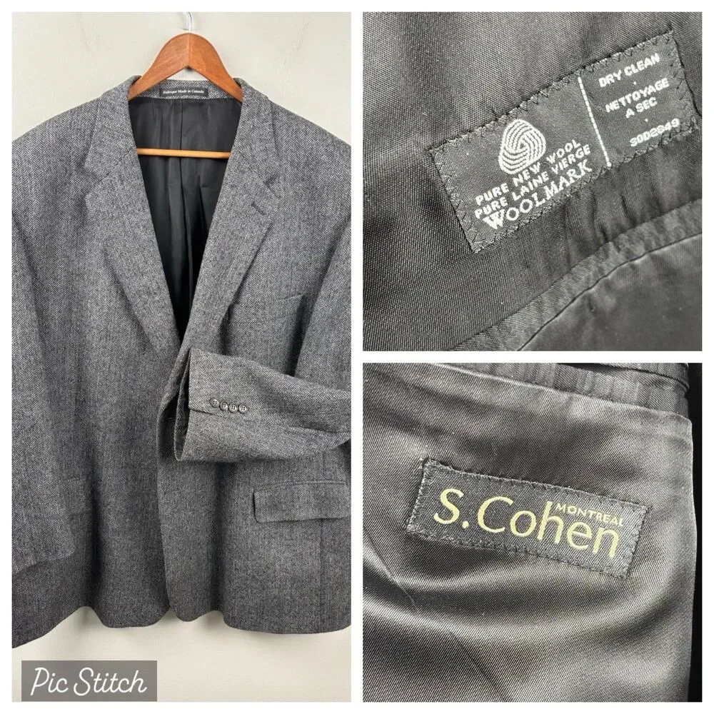 S Cohen Herringbone Tweed Mens Blazer 100% Wool Gray Sport Coat Jacket Men’s 54R